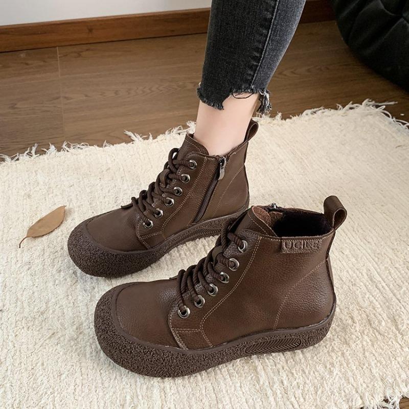 Women Pu Leather Ankle Boots New Lace-Up Platform Shoes Ladies Wide Fit Short Boots Woman Oxfors Sneakers Brown Booties