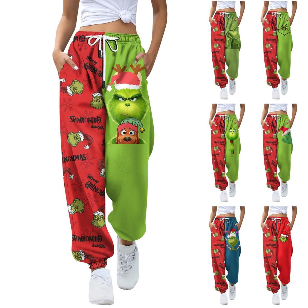 Women's Fashion Sport Christmas Printed Drawstring Pocket Casual Sweatpants Pants