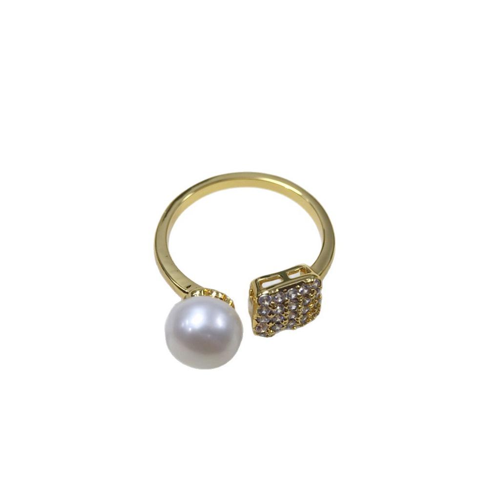 Natural freshwater pearl ring with micro inlaid zircon geometric blocks, adjustable opening, fashionable and versatile pearl bracelet
