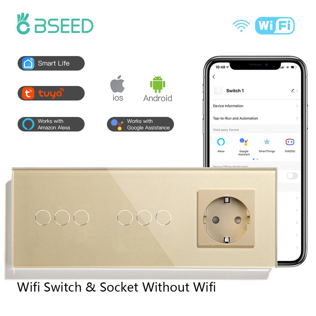 BSEED Wifi Двойные 1/2/3-клавишные сенсорные выключатели Smart Life Управление Alexa Плюс Обычная настенная розетка Стандарт ЕС Стеклянная панель 228 мм