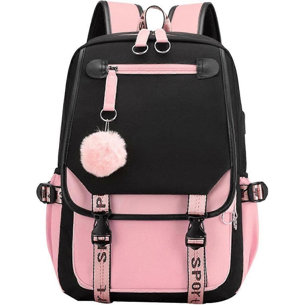 Teenage Girls' Backpack Middle School Students Bookbag Outdoor Daypack With Usb Charge Port, Black Pink