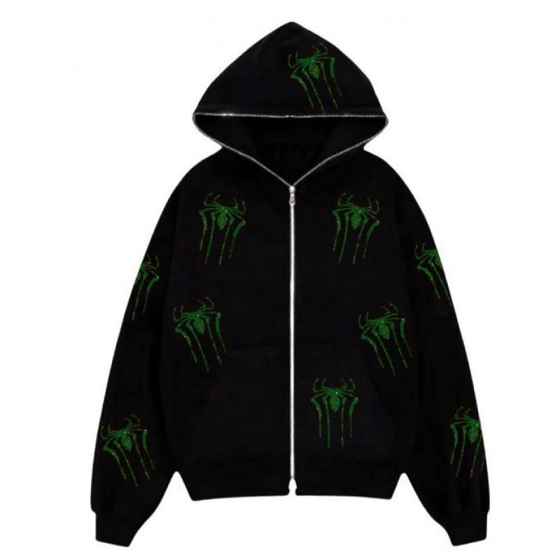 Gothic Spider Rhinestone Embellished Hooded Zip-Up Sweatshirt Loose Fit Streetwear Women