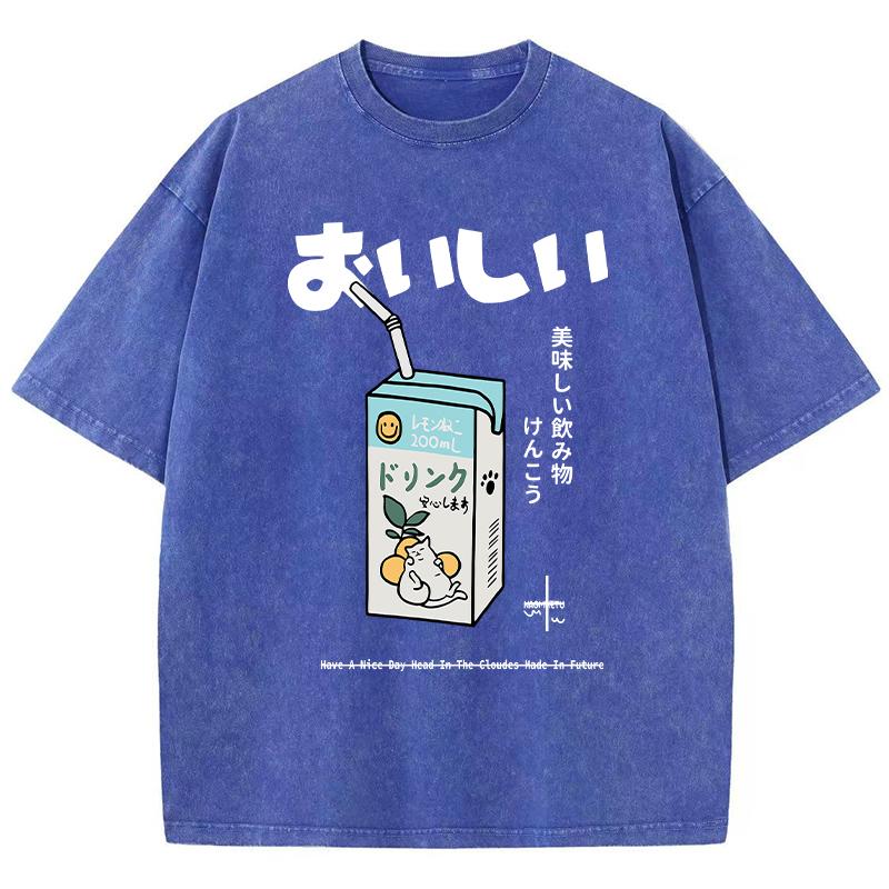 Повседневная женская хлопковая стираная футболка с принтом в виде мультфильма «Питьевой напиток» с коротким рукавом и свободным круглым вырезом, винтажная женская одежда