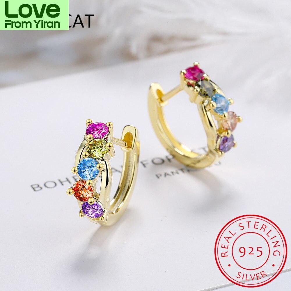 Real 925 Sterling Silver Simple Circle Rainbow Color Zirconia Hoop Earrings For Women Elegant Trendy Fine Jewelry Brincos