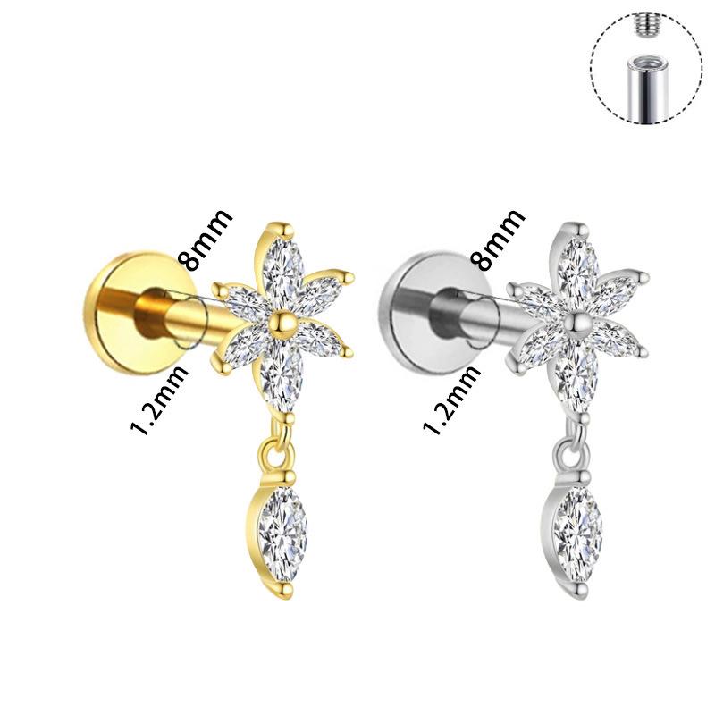 Титановая серьга-кафф с пятью маркизами, с плоской задней частью, в виде листа, для мочки уха, хряща уха (helix), лабрет-гвоздик, пирсинг, украшение