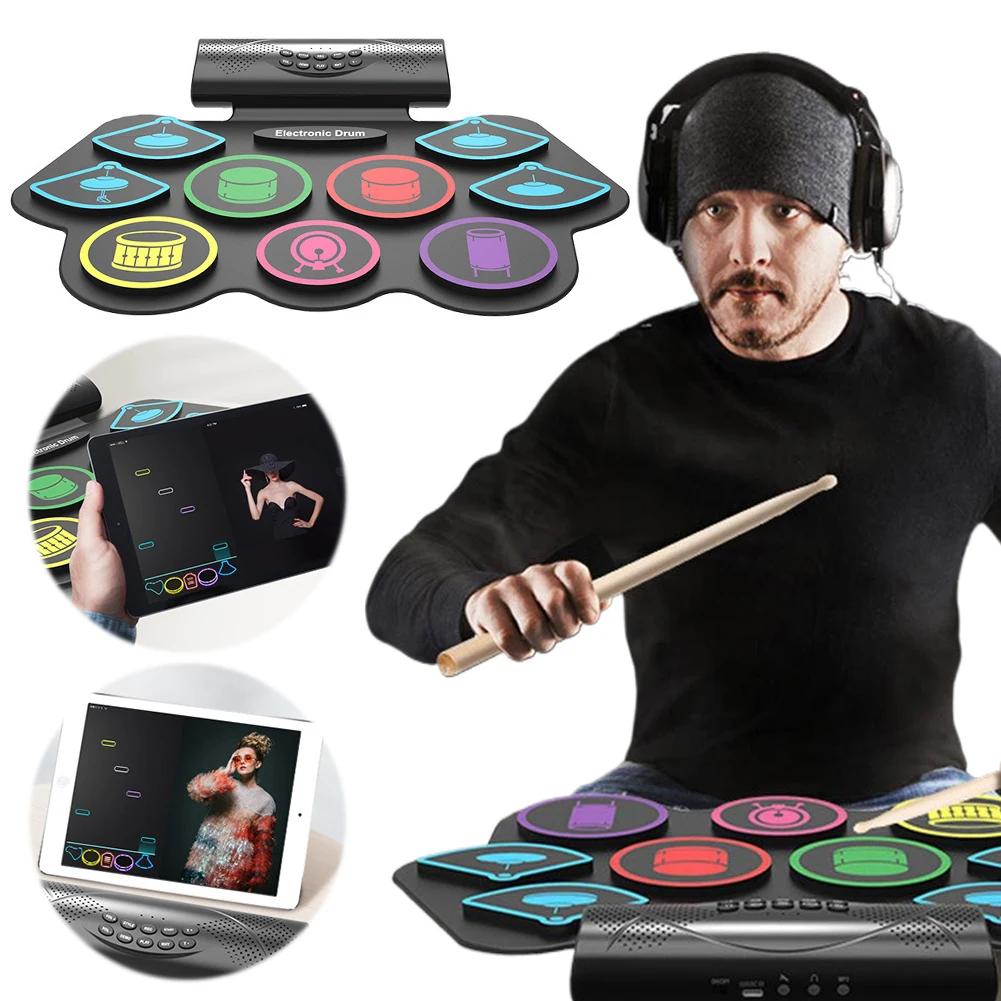 Electronic Drum Set with Drum Sticks and Pedals Portable Practice Drum Pad Kit BT Electric Drum Set for Kids Boy Birthday Gifts