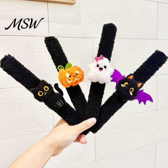 Stuffed Animal Wrist Toy 2 Pcs Halloween Slap Bracelets, Plush Pumpkin, Bat, Ghost, Black Cat Soft Fabric Snap Wristbands Bands for Kids, Trick