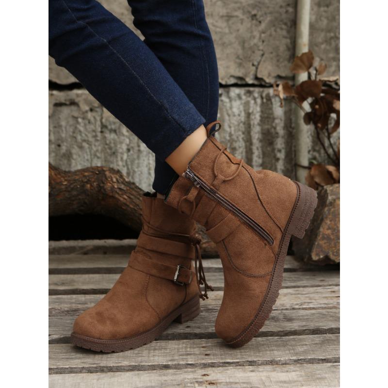 Осенне-зимние полусапожки большого размера с круглым носком, боковой молнией, низким каблуком, плоским дном, пряжками на ремне и замшевыми ботинками Martin