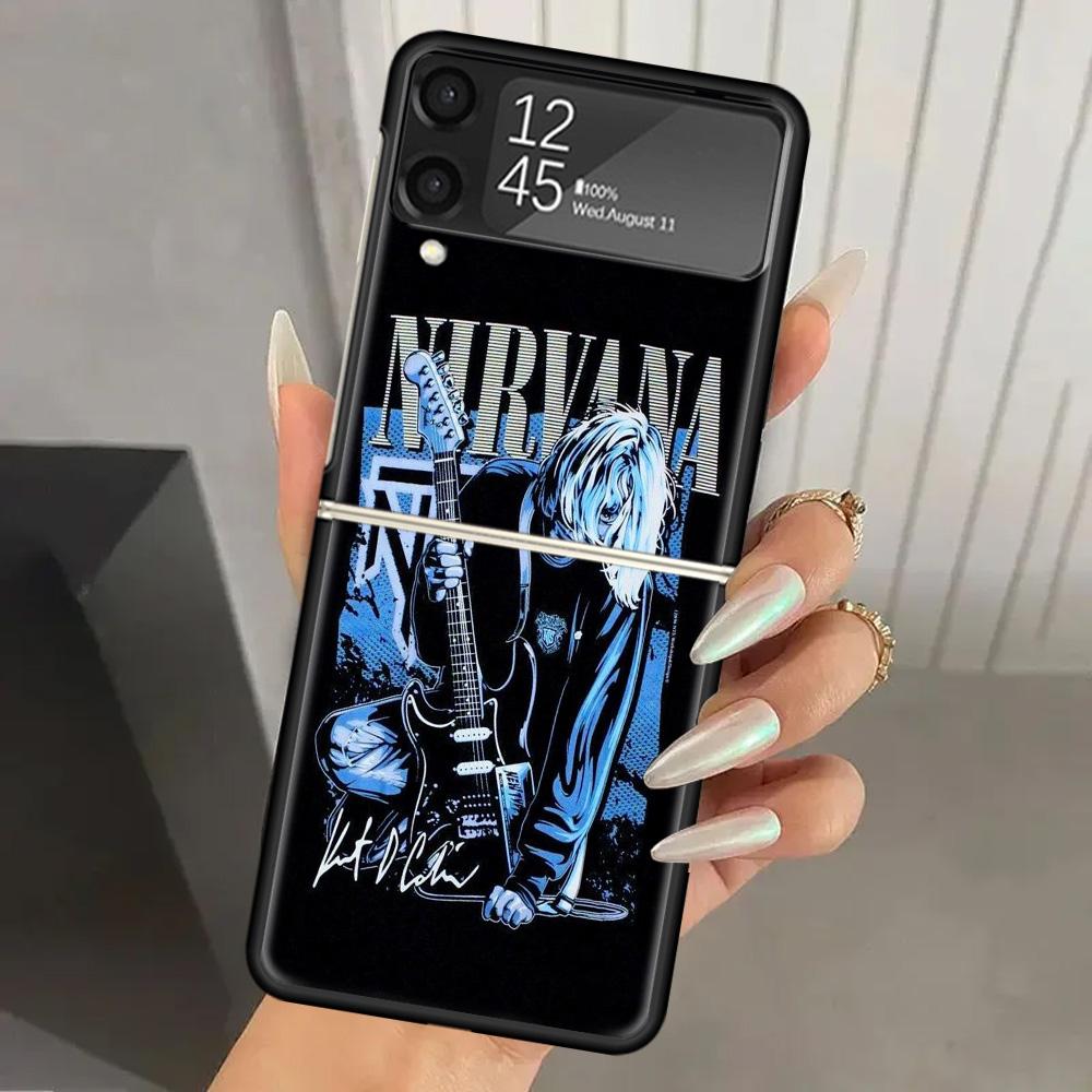 Ретро Певец Курт Кобейн Жесткий ПК Чехол Для Телефона Для Samsung Galaxy Z Flip 7 6 5 4 3 Черный ZFlip7 ZFlip6 Flip5 Flip4 Flip3 5G Печать C