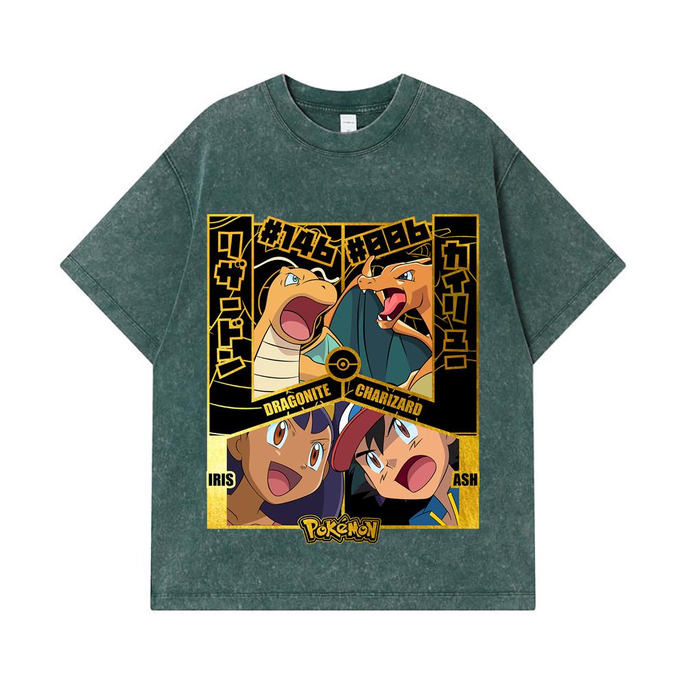 275 GSM Washed T-shirts 100% Cotton Pokemon V24 Dragonite Charizard Print Unisex Heavy Cotton T Shirt