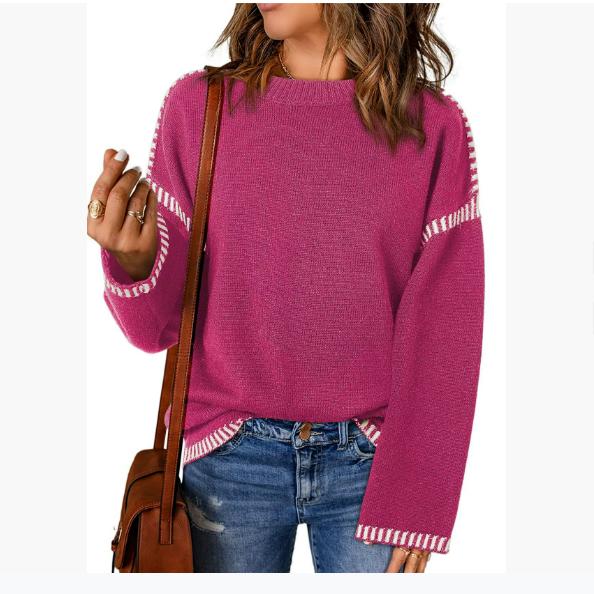 Осенне-зимний женский свитер однотонный с круглым вырезом свободный с длинным рукавом контрастного цвета вязаный пуловер свитер топ