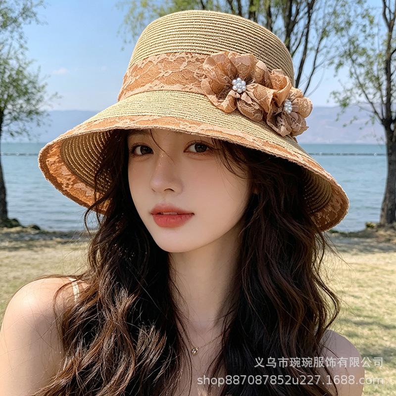 Sweet flower straw hat children summer seaside vacation sunscreen sunshade beach hat show face small versatile pot hat
