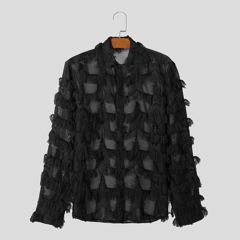 INCERUN Мужские рубашки с длинным рукавом и кисточками в стиле пэчворк с прозрачной сеткой