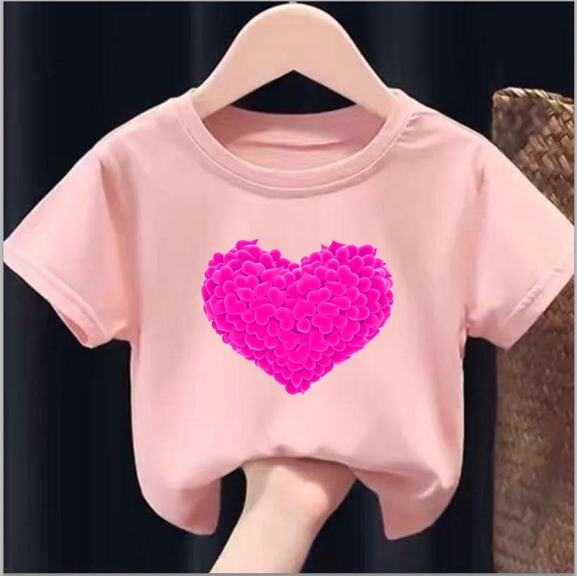Children Short Sleeve Tops Funny Heart Shaped Design Tshirt Girls Spring Party Dresses Kid Lovely Tees Girl Clothes