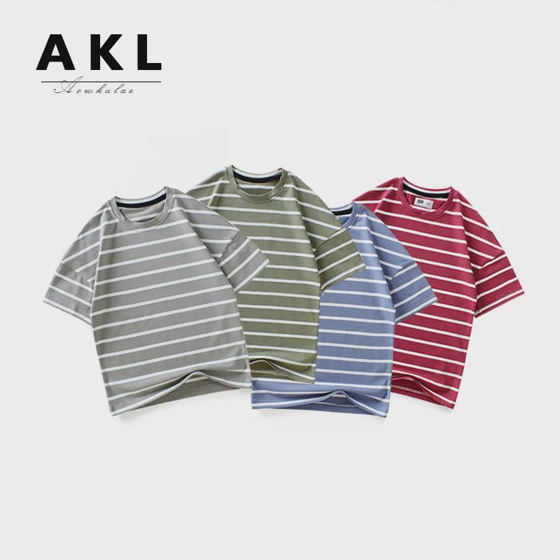 Летние детские свободные полосатые футболки с коротким рукавом