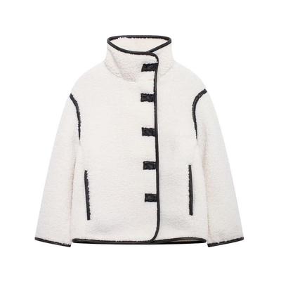 2024 Женская европейская и американская зимняя флисовая куртка с воротником-стойкой и цветными блоками, однобортная, с длинными рукавами, стиль 1249.