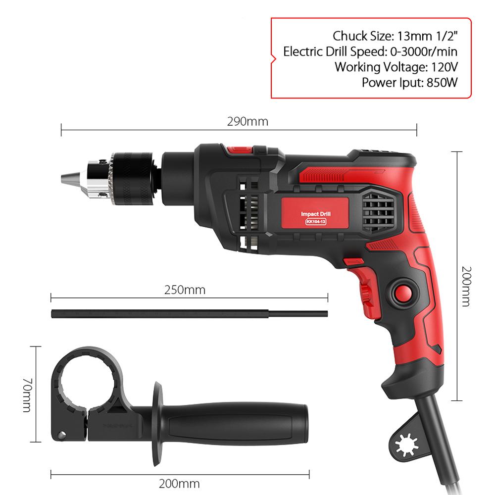 Hammer Drill Impact Drill 850W 3000 RPM Hand Electric Drill with 360 Degrees Rotating Handle Hammer and
