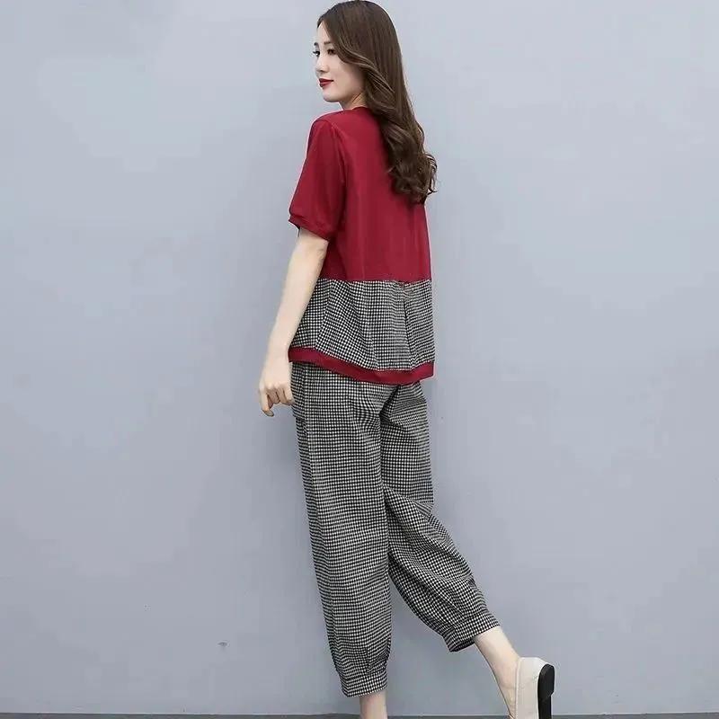 Женский летний клетчатый костюм Literary Splicing, свободный топ + рабочие брюки, комплект из двух предметов