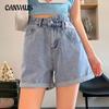 Rolled Denim Shorts Women's Summer Diagonal Button Design Straight Casual Wide Leg Shorts