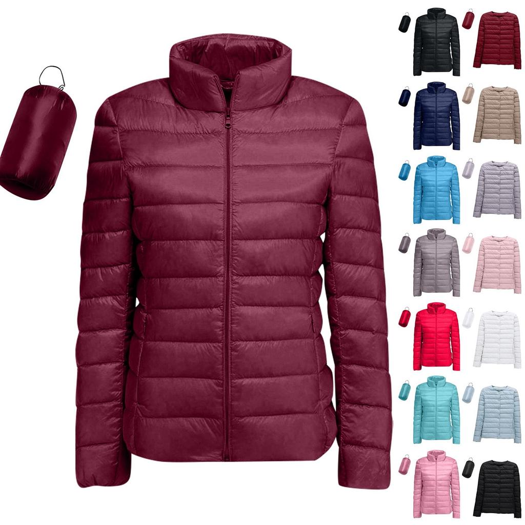 Women's Lightweight Down Jacket, Solid Color, Stand Up Collar, Down Jacket With Pockets