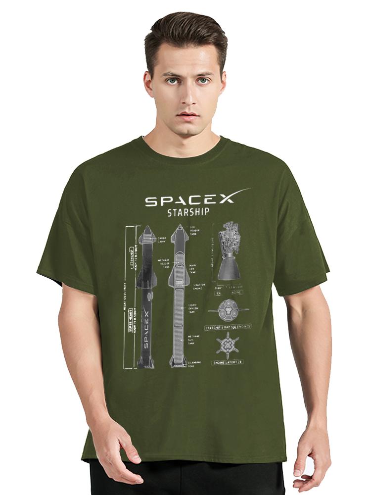 Unisex SpaceX Starship Blueprint Printing T-Shirt Oversized Tshirt Unisex Tops Cotton Fitness Tees Unisex's Clothing Graphic