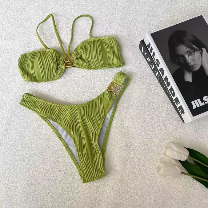 Multicolor Metal Buckle Bikini Swimsuit - European & American Style, Small Chest, Split Design for Women