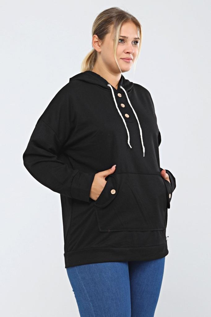Women's Style Big Size Sweatshirt Large Size Hooded Kangaroo Pocket Lycra Button Detailed Long Hoodie Sweatshirt Green