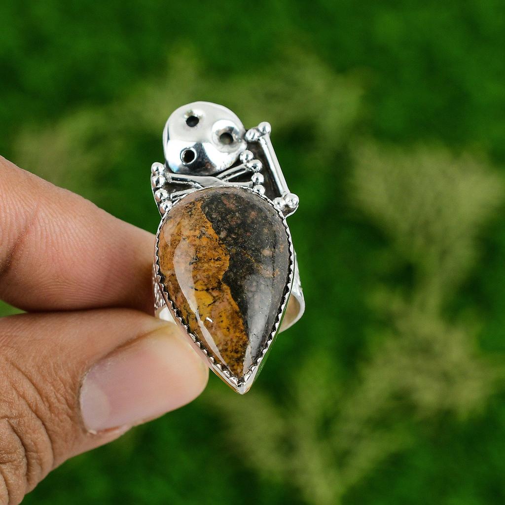 Natural Bauxite Promise Skull And Bone Yellow Adjustable Ring 925 Silver