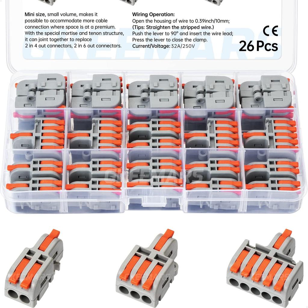 GKEEMARS 26Pcs Compact Splicing Connectors Wire Connectors Kit 2, 3 and 5 Circuit Inline Splices 24-12 AWG (Grey)