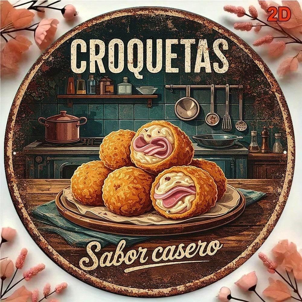 1 шт. Винтажная жестяная табличка Croquetas 8x8 дюймов Круглая металлическая табличка Испанская кухня Настенное искусство Декор для кухни и бара
