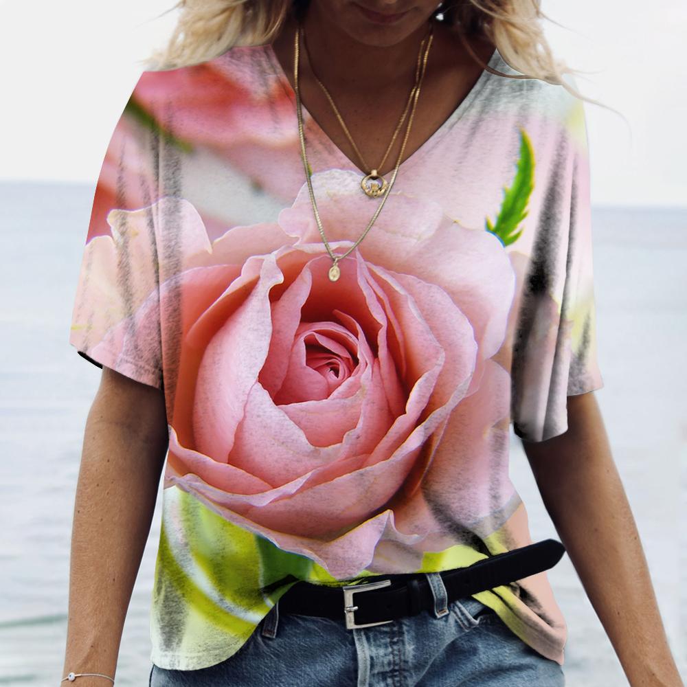 Женские футболки с v-образным вырезом, модные футболки с цветочным рисунком, летние короткие женские топы с принтом, повседневные футболки в стиле Харадзюку 5XL