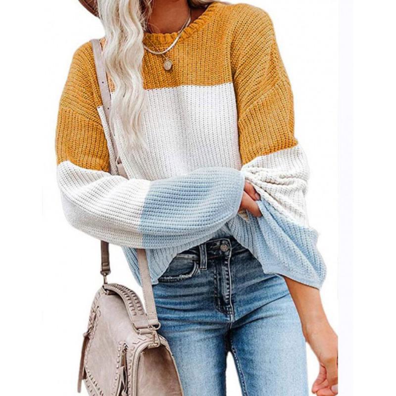 Womens Winter Loose Knit Sweater With Color Block Lantern Sleeves Round Neck Long Sleeve