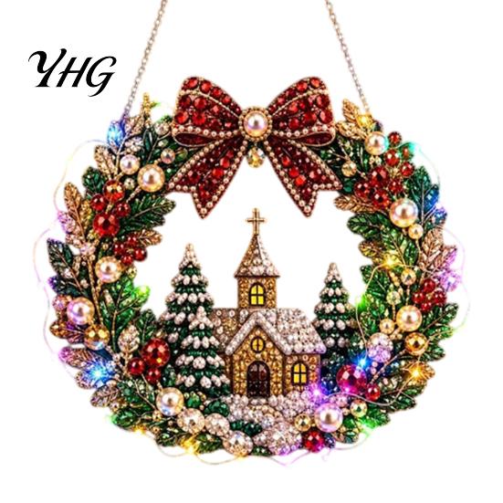 Sparkling Gemstone Art Project DIY Acrylic Christmas Faux Pearl Hanging Kit, Lighted Wreath 3D Beaded Craft Bead Mosaic Kit with LED String