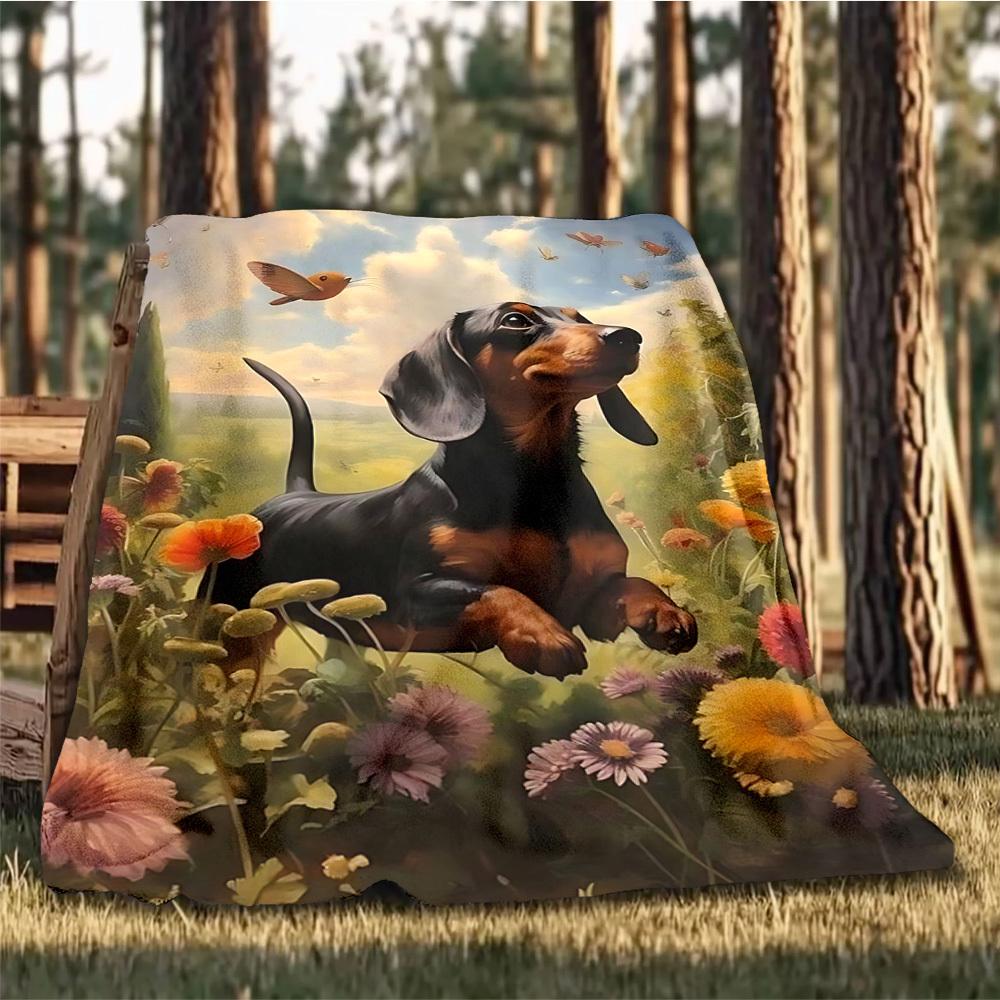 1pc Dachshund, Flower Field Print Outdoor Blanket, Lightweight Polyester,