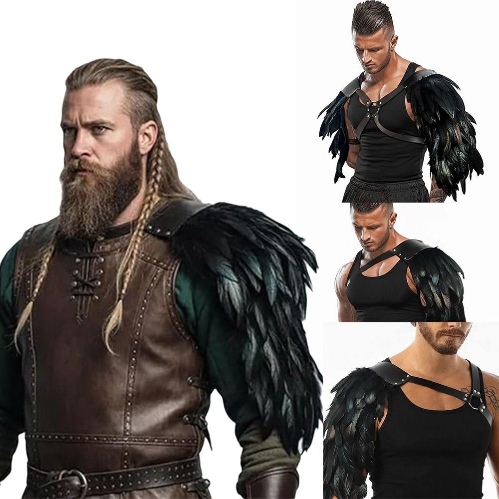 Double Shoulder Leather Harness Feather Cloak Medieval Guards Halloween Cosplay