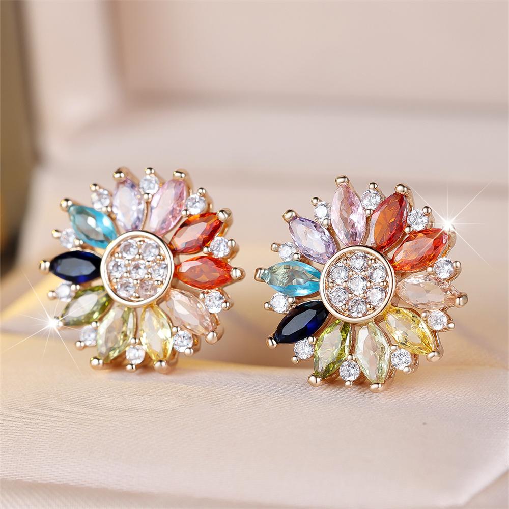 Серьги-пусеты Marquise Stone Multicolor Crystal Sun Flower для женщин, винтажные, золотистого цвета, свадебные, украшения на День святого Валентина