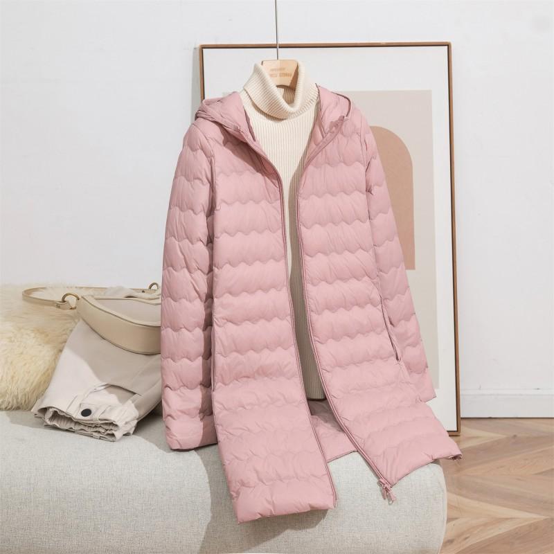 Womens Lightweight Down Coat Mid-Length Hooded Wave Zipper Winter Jacket Korean Style