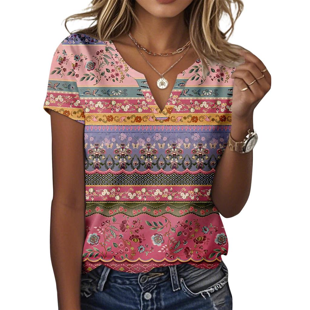 Женская повседневная футболка с цветочным принтом, пуловер с V-образным вырезом и коротким рукавом
