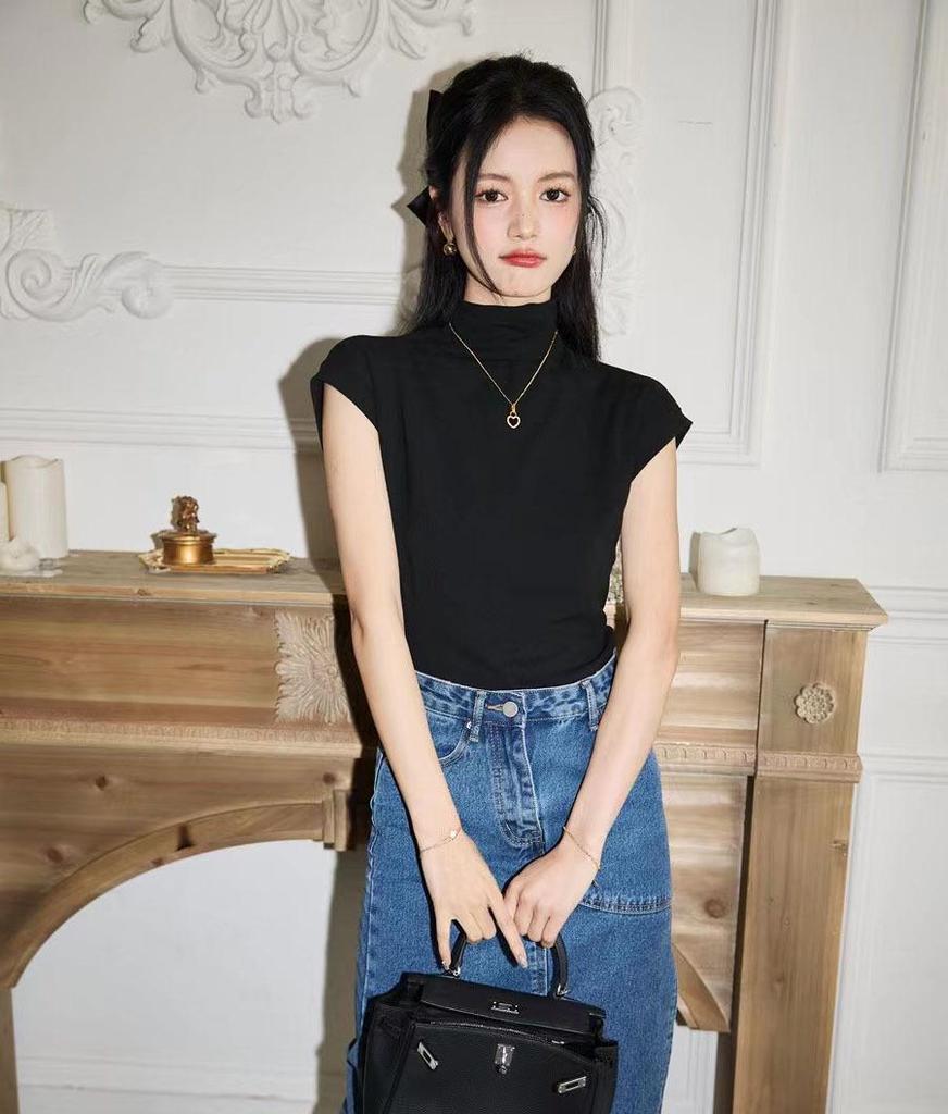 2025 Женская облегающая повседневная футболка с коротким рукавом и высоким воротником