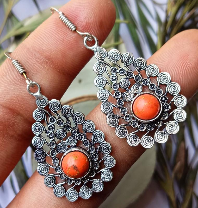 Orange Turquoise Gemstone 925 Streling Silver Plated Bohemian Earring Jewelry HT-92