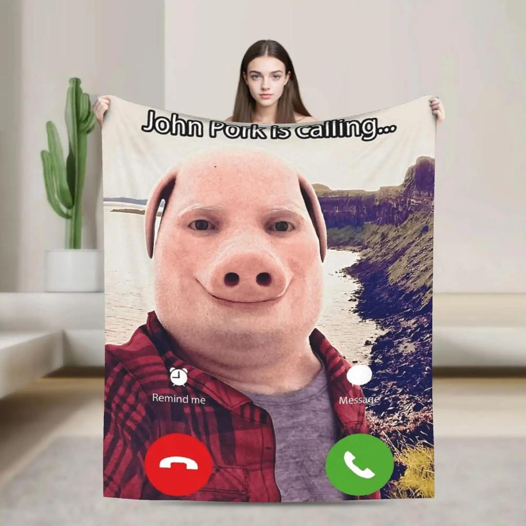 Super Soft Funny Meme Throw Blanket  John Pork Shoutout Design Comfortable Bedspread for Kids Bedroom or Sofa Decor