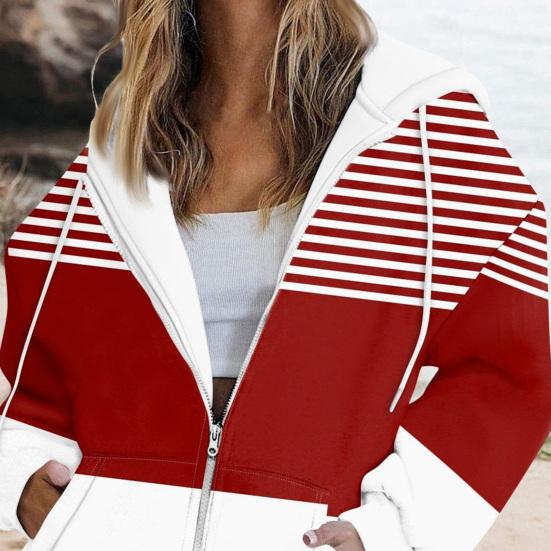 Женская осенне-зимняя куртка-худи на молнии, свободная повседневная полосатая кофта с карманами, капюшоном на шнурке и длинными рукавами