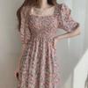 Women's Floral Chiffon Long Skirt Dress, Square Collar, Puff Sleeve, French Retro Style, 2024 Summer Collection.