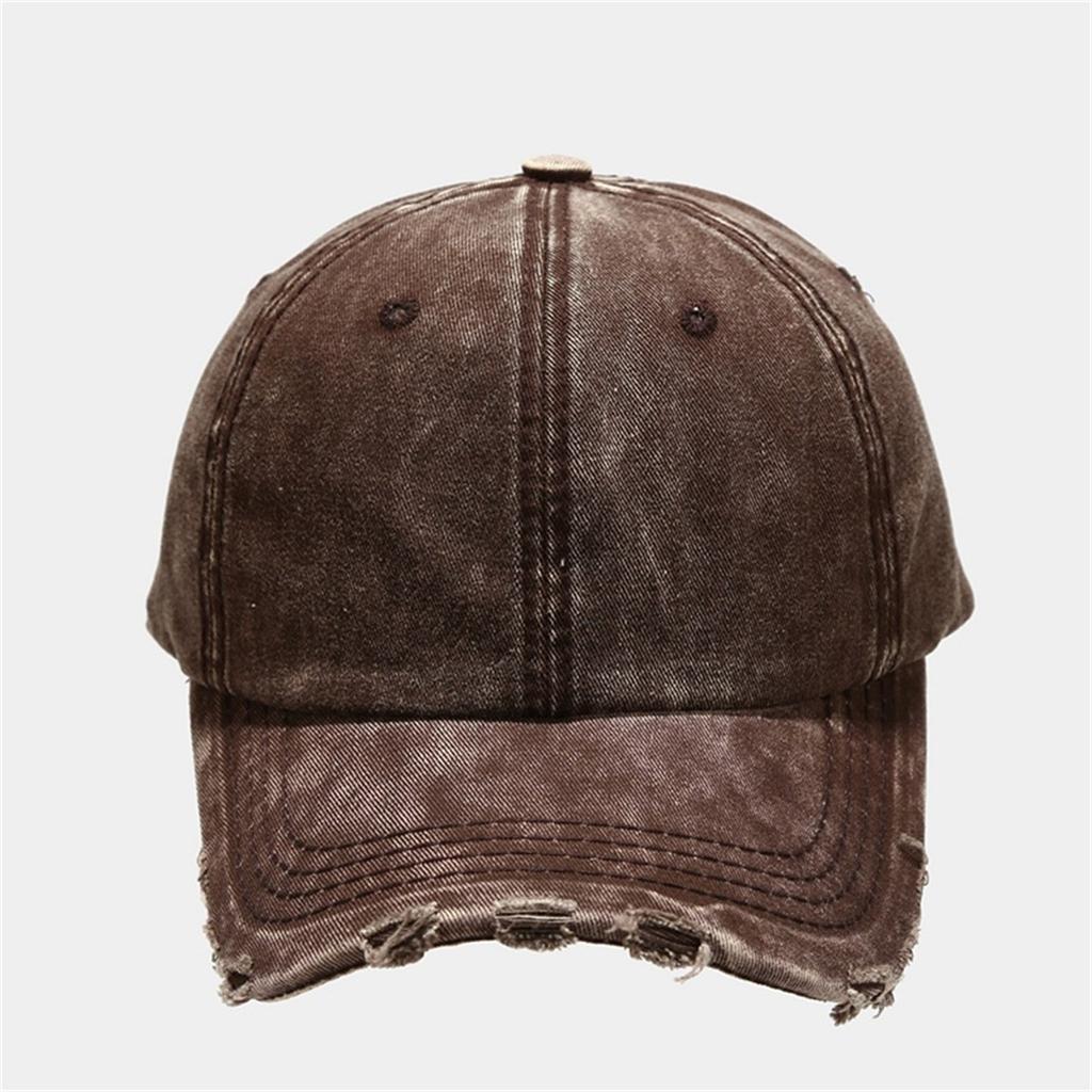 Washed and Distressed Denim Baseball Cap with Holes and Frayed Edges