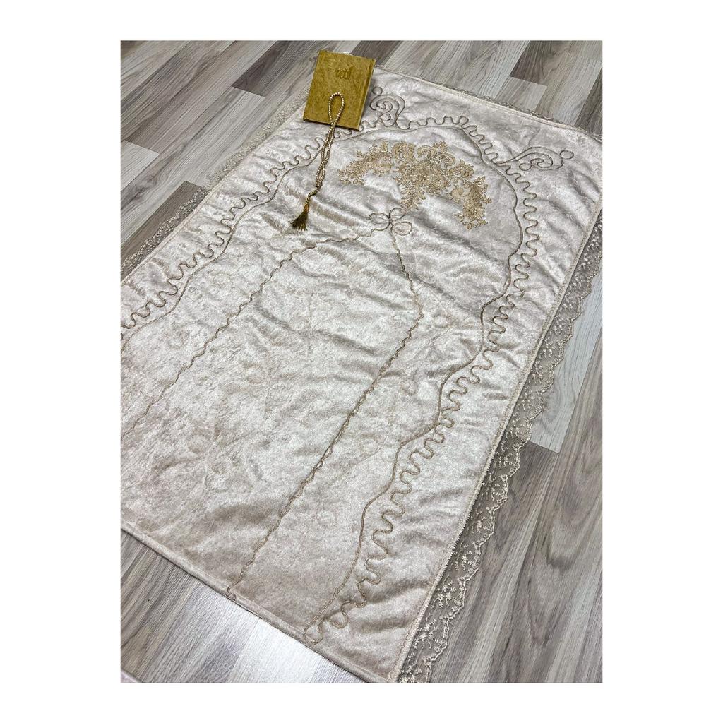 French Laced 3 Piece Embroidered Velvet Dowry Bridal Set Prayer Rug