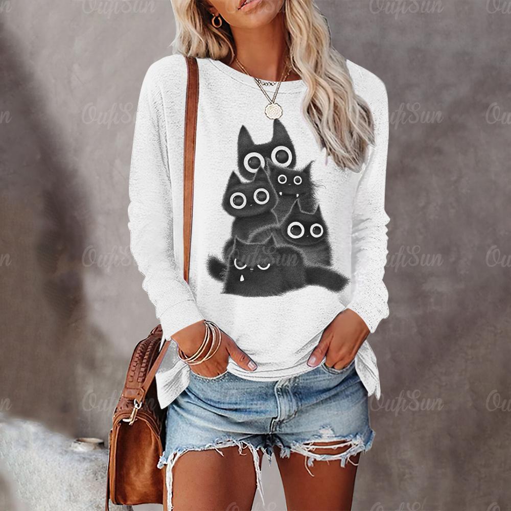 Забавные женские футболки с принтом черного кота, осенняя модная футболка с длинными рукавами, повседневные свободные уличные топы
