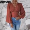 Весенне-осенняя мода на талии с V-образным вырезом и рукавами, однотонная футболка с оборками, женский топ с длинными рукавами