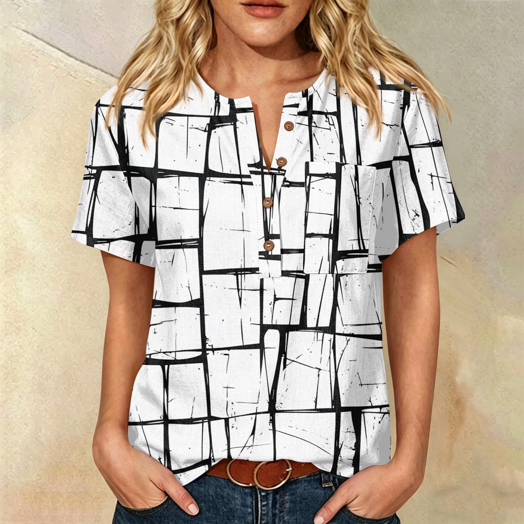 Женская модная хлопково-льняная рубашка-henley с коротким рукавом, принтом, пуговицами на воротнике и карманом на груди для повседневной носки