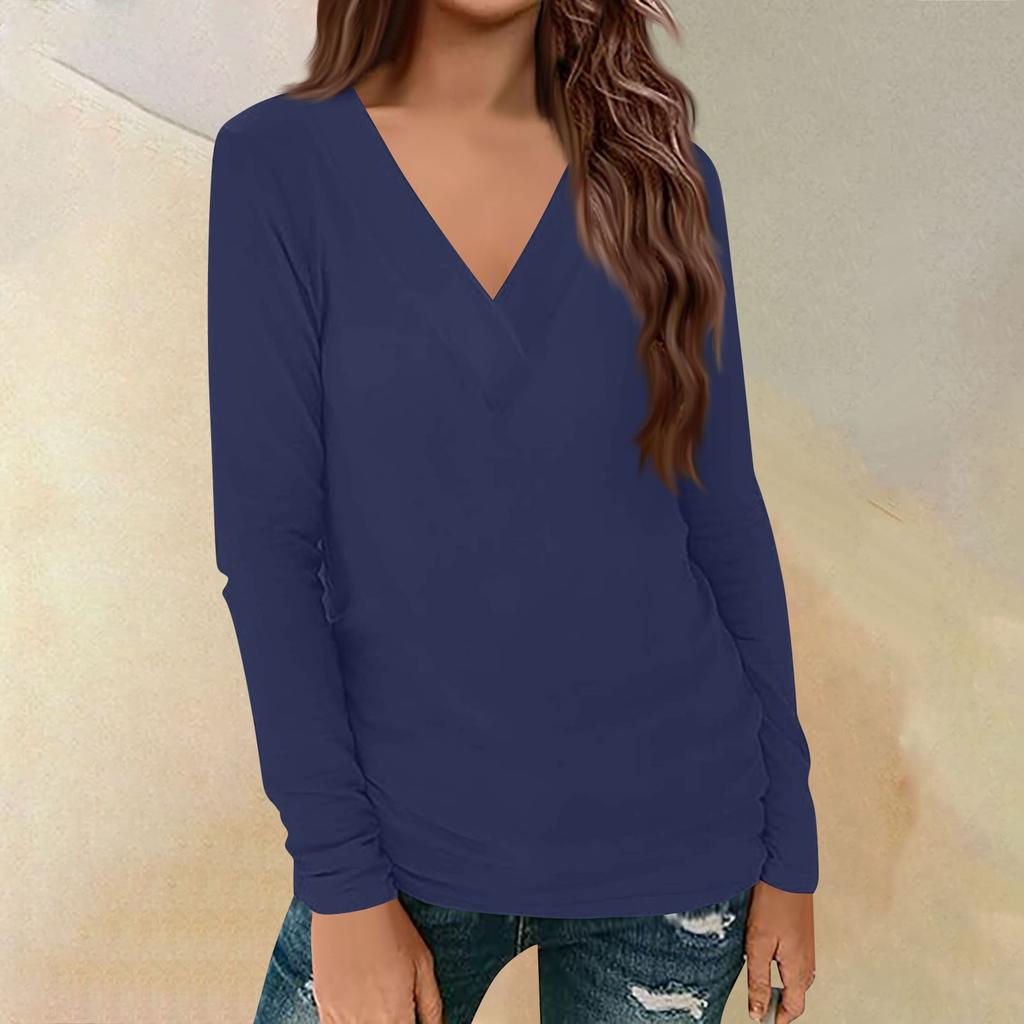 Женский повседневный однотонный принтованный длинный рукав свободный пуловер с V-образным вырезом