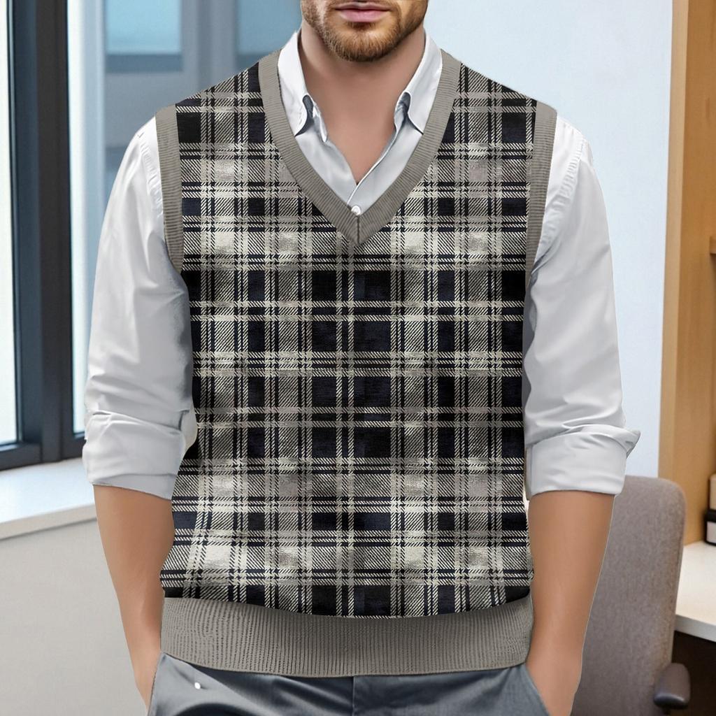 Мужской жилет без рукавов с клетчатым принтом и V-образным вырезом, вязаный джемпер
